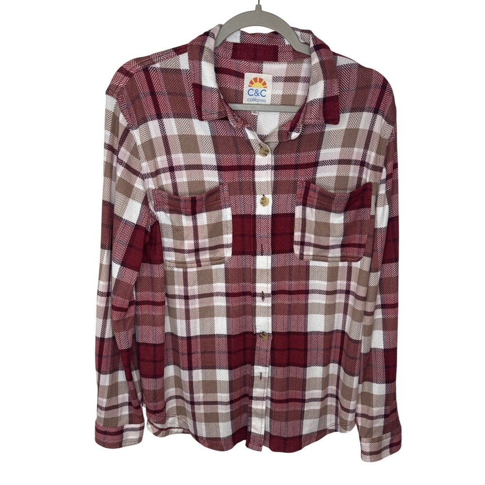 C&C California Mens‎ Plaid Flannel Shirt Burgundy Tan White Long Sleeve Size L